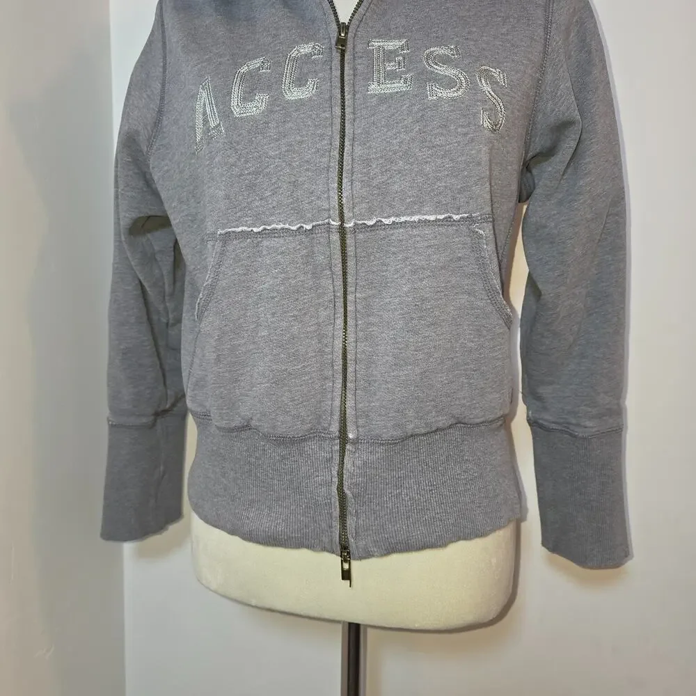 Vtg Womens Y2k Hoodie Sweatshirt Size L Full Zip Sherpa Spellout Gray Cropped